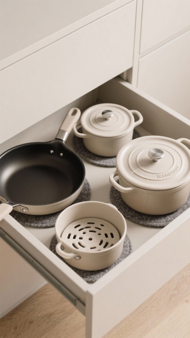 Photorealistic overhead detail shot of a minimalist capsule cookware set arranged in a drawer insert: a 10–12" skillet, a 3–4 qt saucepan with lid, a 5–7 qt Dutch oven or stockpot, plus a steamer insert or universal lid; stackable pieces with removable handles create a tiny footprint; universal lids replace multiples; soft neutral tones, felt protectors between nested items, and clean natural light convey calm, edited simplicity.