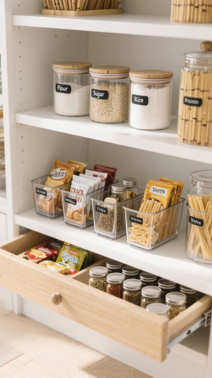 Photorealistic overhead detail shot of a pantry shelf: clear stackable canisters labeled flour, sugar, rice, pasta; slim acrylic bins corralling snack packets and bars; a neat spice drawer insert with matching glass spice jars and minimalist black-on-white labels; clean, neutral palette with bamboo accents, bright natural light