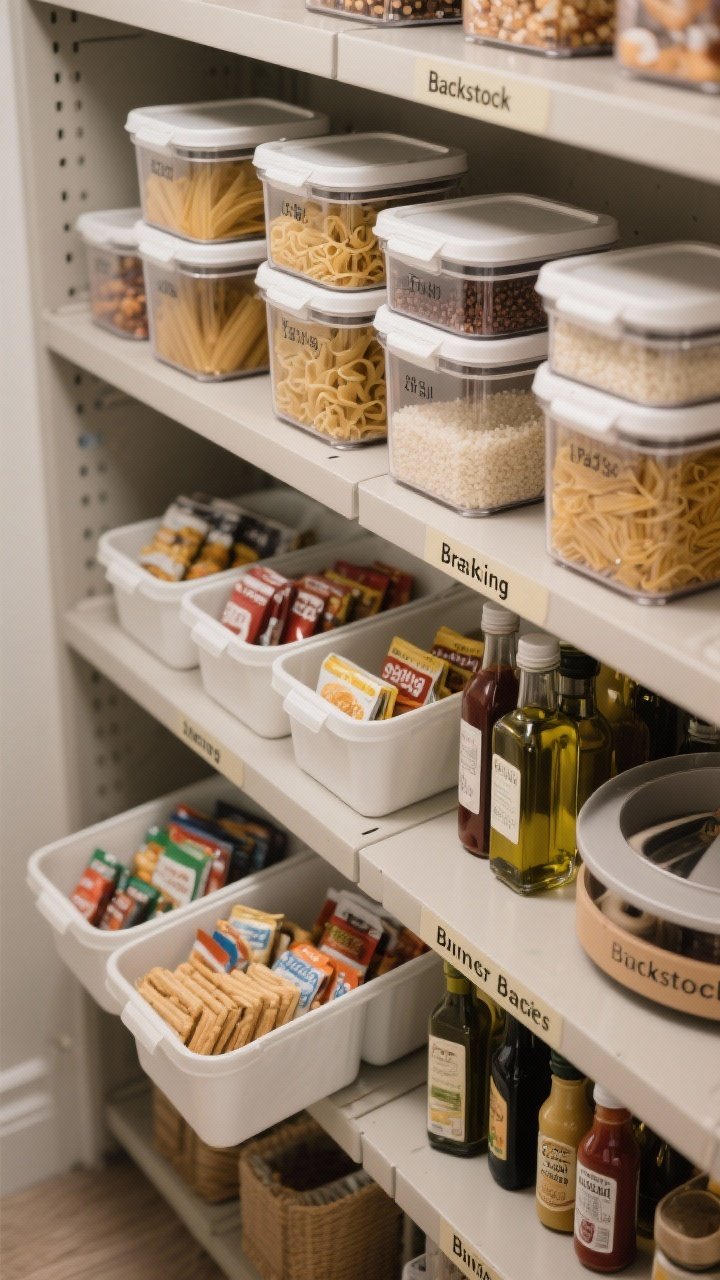 Photorealistic overhead detail shot of a pantry shelf system organized like a grocery store: clear airtight containers decanting pasta, rice, and snacks with uniform shapes for stacking, simple washable labels including pasta cook times, zones marked for Baking, Breakfast, Snacks, and Dinner Bases, bins grouping sauce packets and bars, and a lazy Susan corralling oils and condiments; a labeled “Backstock” bin on a high shelf; neutral tones with crisp, even lighting.