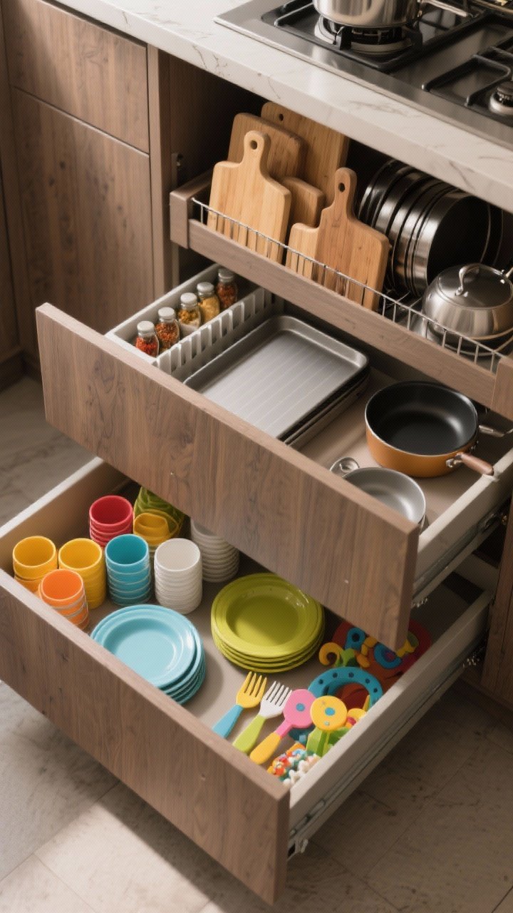 Photorealistic overhead detail shot of an open deep kitchen drawer: adjustable dividers neatly separating pot lids, cutting boards, and baking sheets, with a two-tier insert holding spices and small pans. A dedicated front section for kids’ dinnerware—bright plastic plates, cups, and forks—at a lower height. Matte wood drawer interior, soft diffused lighting highlighting organization and textures.