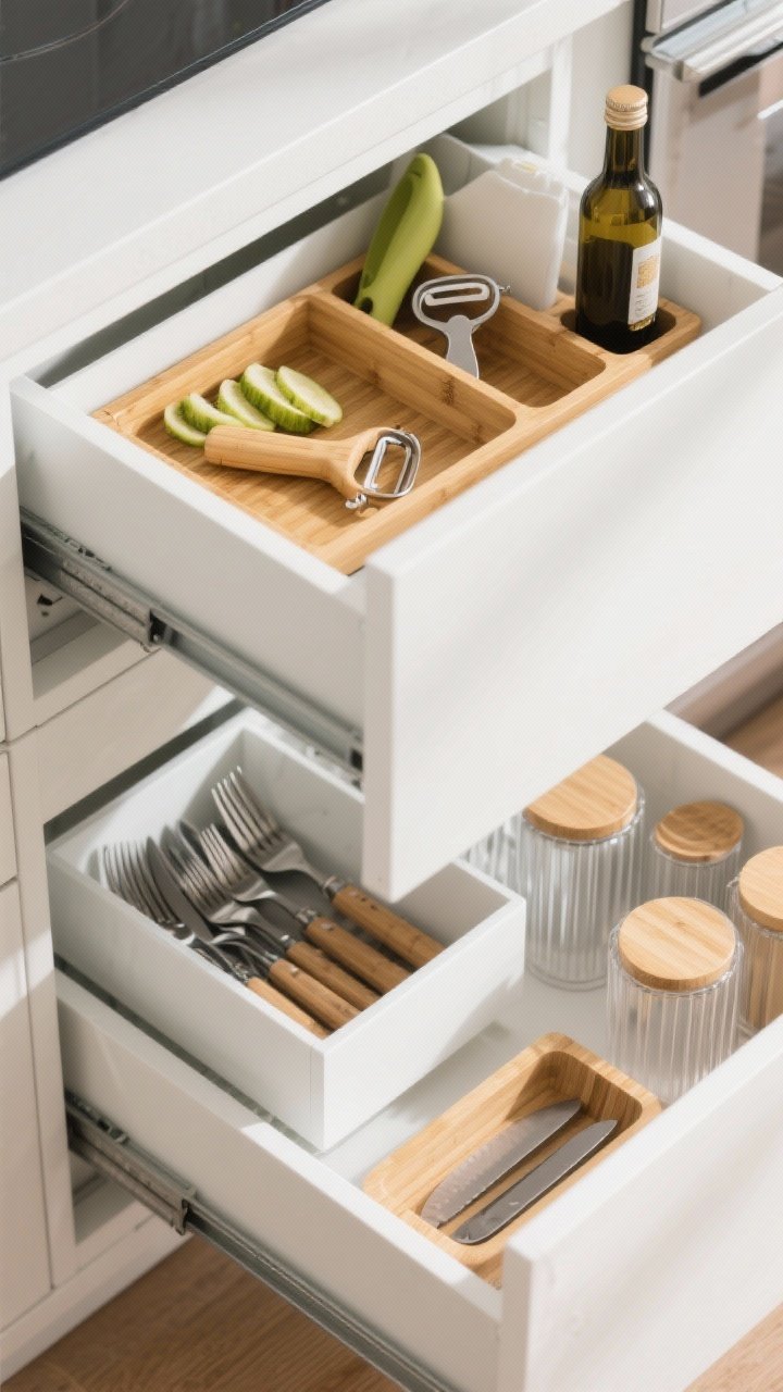 Photorealistic overhead detail shot of an open kitchen drawer showcasing in-drawer layering: a sliding top tray organizer in bamboo holding peelers and a bottle opener, below it a neatly arranged cutlery section; adjacent section shows lids stored vertically in a divider with matching containers nested beneath; an in-drawer knife tray cradling blades safely; clean white drawer box with acrylic and bamboo organizers, crisp morning light emphasizing textures.