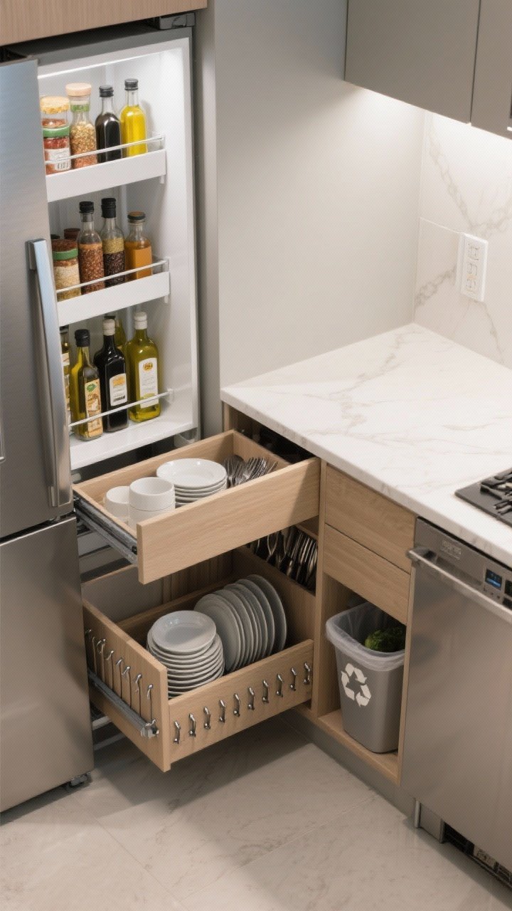 Photorealistic overhead detail shot of clever storage in action: a pull-out pantry next to a fridge with neatly arranged oils and spices, a drawer below with peg systems securing stacked dishes, and an adjacent utensil drawer with dividers; hint of an appliance garage door partially closed at the counter; integrated trash/recycle/compost pull-out visible; bright, clean task lighting, no people