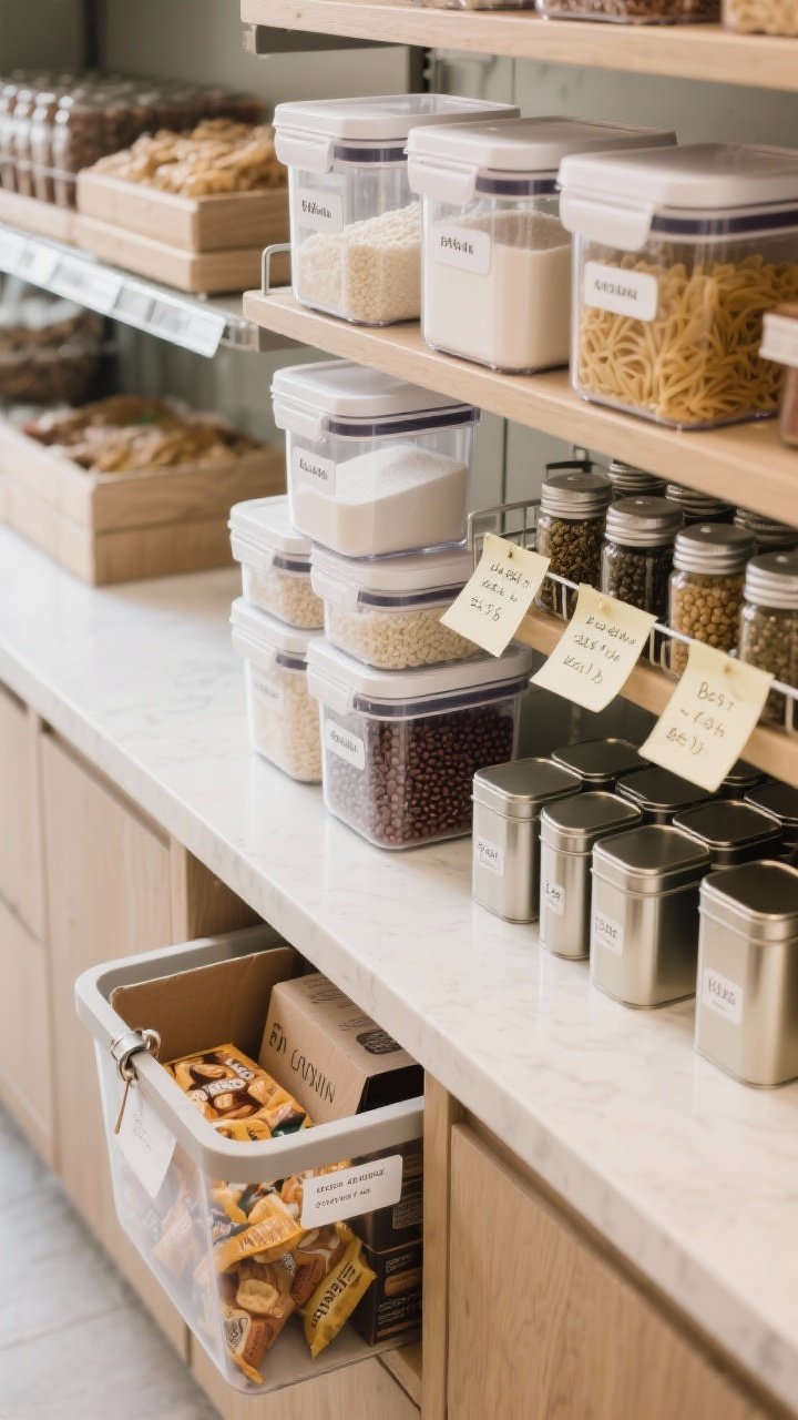 Photorealistic overhead detail shot of decanting and downsizing: uniform stackable clear containers holding flour, sugar, rice, pasta, and beans with simple white labels; a bin with snacks removed from bulky boxes and clip-on labels; slim tins for tea and coffee arranged neatly; matching spice jars on a tiered rack. Tape notes with cooking times and best-by dates under lid edges visible, clean countertop, boutique grocery aisle vibe, bright even lighting.