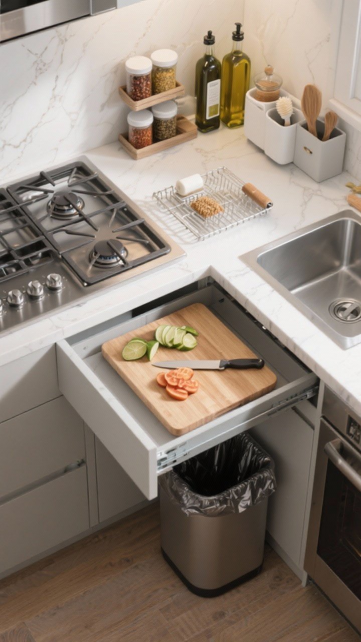 Photorealistic overhead detail shot of micro-zones: a cutting board drawer pulled out directly over a trash pull-out for slice-and-swipe prep; cooking zone beside the stove with spices and oils organized; cleanup zone at the sink with a roll-up drying rack and built-in soap/brush caddy; include an 18–24 inch landing space near the cooktop; compact, efficient flow