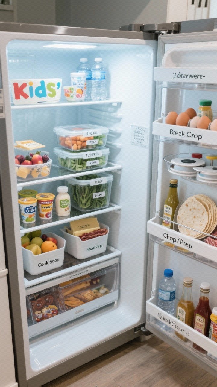 Photorealistic overhead interior shot of an open refrigerator with clearly labeled zones: a Kids’ Shelf at child height with yogurts, fruit cups, cheese, pre-cut veggies, and water bottles; Meal Prep Bins labeled “Cook Soon” and “Chop/Prep”; a Leftovers Zone with clear, stackable, date-labeled containers; a Breakfast Caddy grouping eggs, bacon, tortillas, and butter. Fridge-safe turntables for condiments and slim bins for snacks, bright cool fridge lighting.