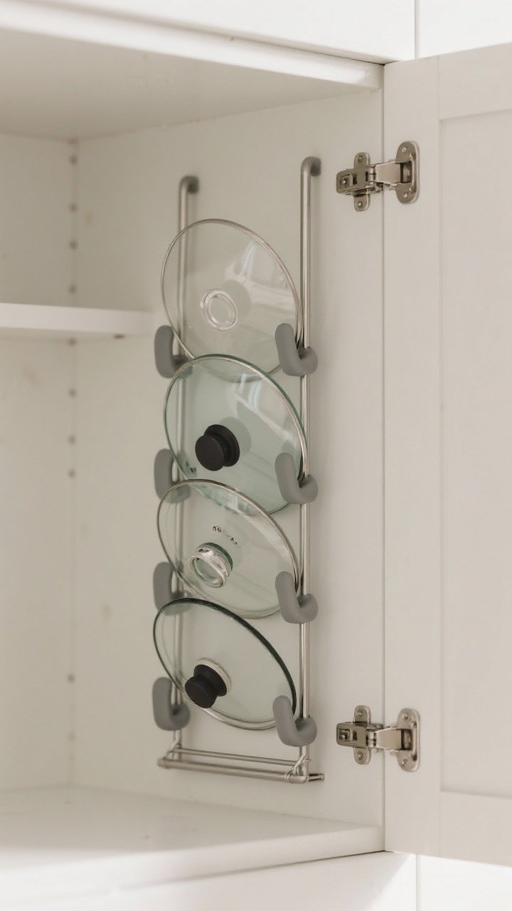 Photorealistic straight-on detail shot of an upright lid organizer inside a cabinet; expandable rack neatly separates glass lids of varying sizes with silicone bumpers preventing scratches; a slim cabinet-door-mounted rack holds a couple of smaller lids to save shelf space; soft diffuse light reveals clear reflections on glass and brushed metal finishes; neutral white cabinet interior for contrast and clarity.