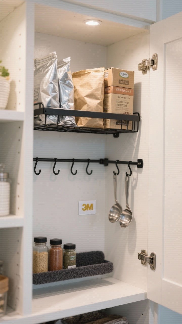 Photorealistic straight-on detail shot of the inside of a pantry cabinet door with a slim door-mount rack system: foil, parchment, and zip-top bag boxes on the upper rack; a lower rack with small spice bottles; 3M adhesive hooks holding measuring spoons. Felt bumpers behind the metal rack to protect the door; ensure shelf clearance so the door can close. Neutral white door, matte black racks, soft ambient kitchen lighting.