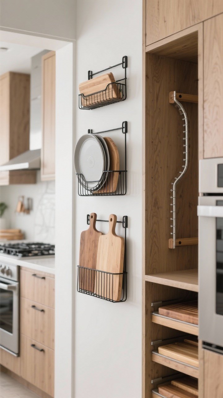 Photorealistic straight-on detail shot of wall-mounted vertical dividers: slim black wire file-style racks mounted on the side of a cabinet holding cutting boards and baking sheets; a dedicated wall-mounted lid organizer near the stove; inside a nearby pantry opening, U-shaped rails create vertical parking spots; boards in wood tones that match the cabinetry for a cohesive look; crisp, even lighting highlighting tidy vertical storage, no people