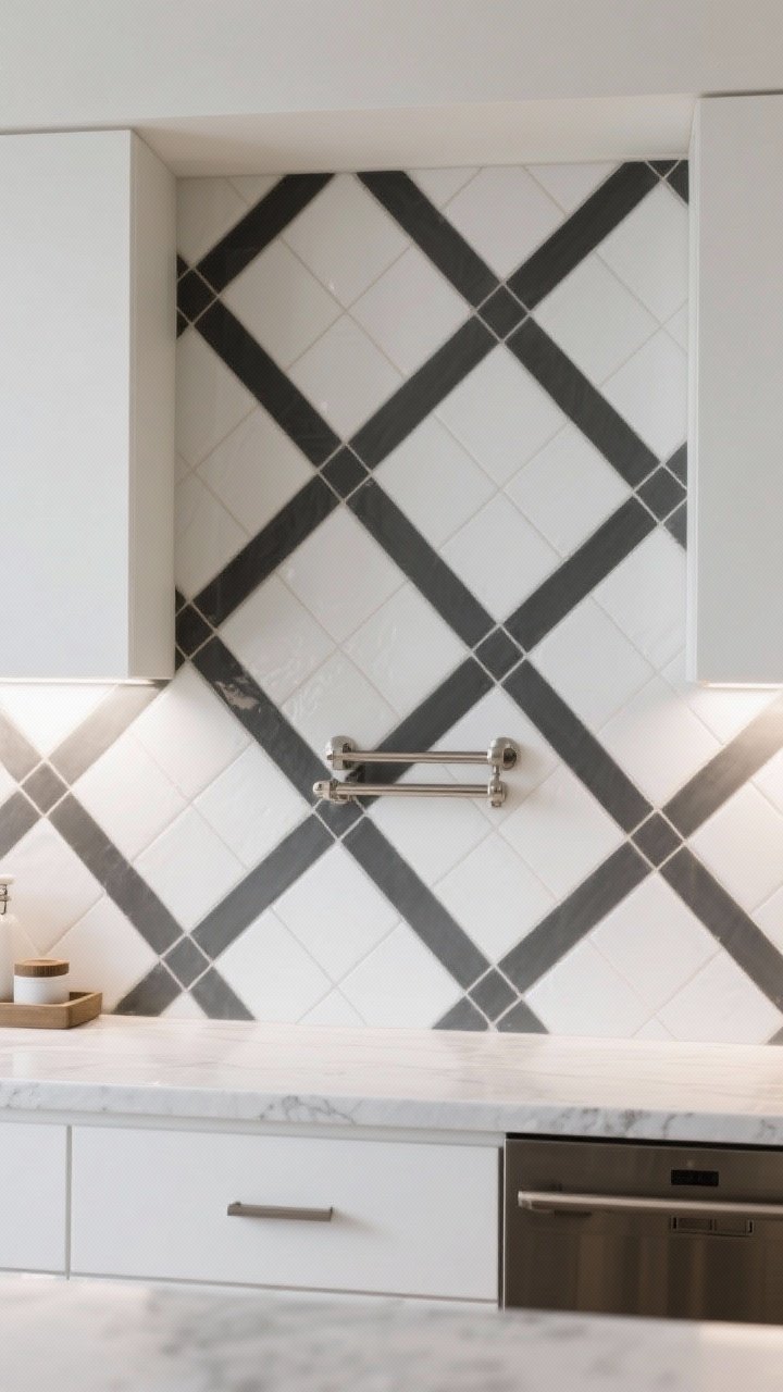 Photorealistic straight-on medium shot of a backsplash composed of simple matte white square tiles with bold charcoal epoxy grout lines creating a strong graphic grid; understated brushed nickel hardware and minimal accessories keep the focus on the grout-driven pattern; balanced natural and under-cabinet lighting; clean, editorial modern vibe