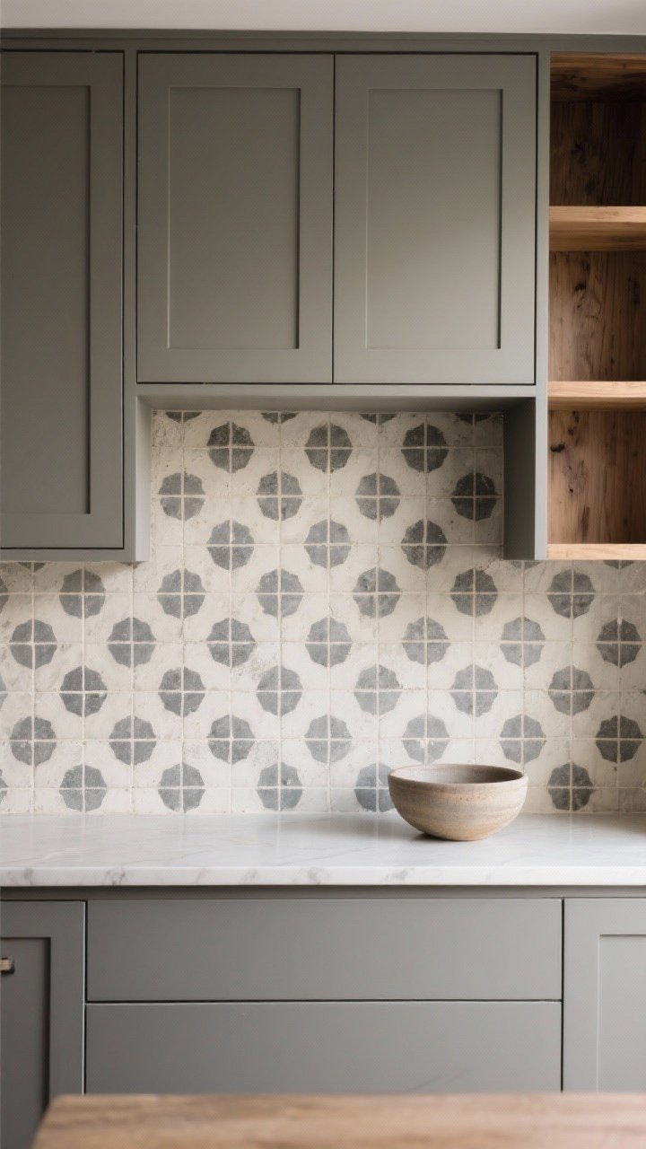 Photorealistic straight-on medium shot of a backsplash clad in low-contrast patterned cement tiles in soft charcoal and cream, 8x8 scale for a calm, modern-rustic vibe. Cabinets are solid-color (no competing textures), with open wood shelving above. Use neutral grout and a sealed, matte surface on the cement tile. Soft, even lighting to keep the pattern present but not busy; include minimal styling like a single ceramic bowl.