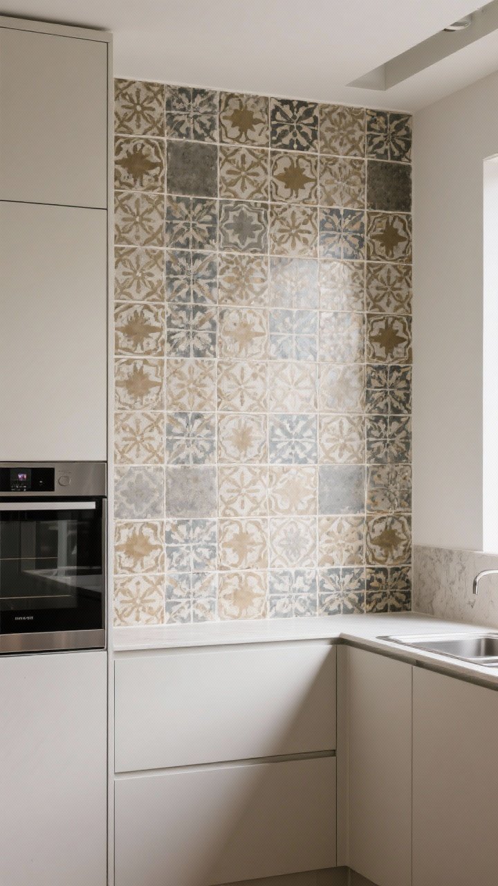 Photorealistic straight-on medium shot of a single wall of ceramic patterned tiles that mimic cement, featuring a bold European motif; warm white grout softens the look; minimalist flat-front cabinets and a modern range keep attention on the pattern; controlled natural light to prevent glare; the rest of the kitchen remains calm to avoid visual overload