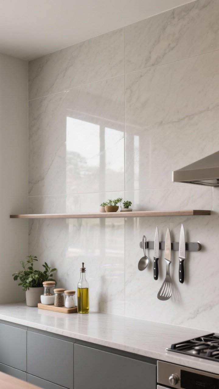 Photorealistic straight-on medium shot of a statement backsplash wall: full-height slab running to the ceiling with minimal seams; a low integrated ledge holds oil, salt cellars, and tiny plants; magnetic backsplash panels neatly hang knives and utensils; backsplash continues behind a single open shelf for a custom, seamless vibe; soft, reflective light emphasizing the material