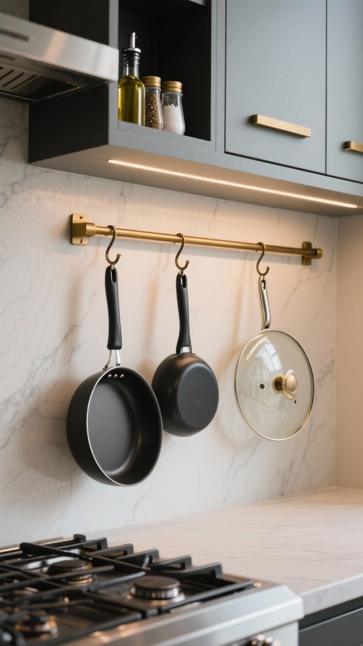 Photorealistic straight-on medium shot of a wall rail system mounted near a stovetop; mixed S-hooks and specialized lid hooks display a curated trio: one skillet, one saucepan, one lid; rail finish matched to cabinet hardware (brushed brass or matte black) for a cohesive look; a slim mini shelf above holds oils, salt, and pepper; warm task lighting from an under-cabinet strip highlights a professional, uncluttered aesthetic.