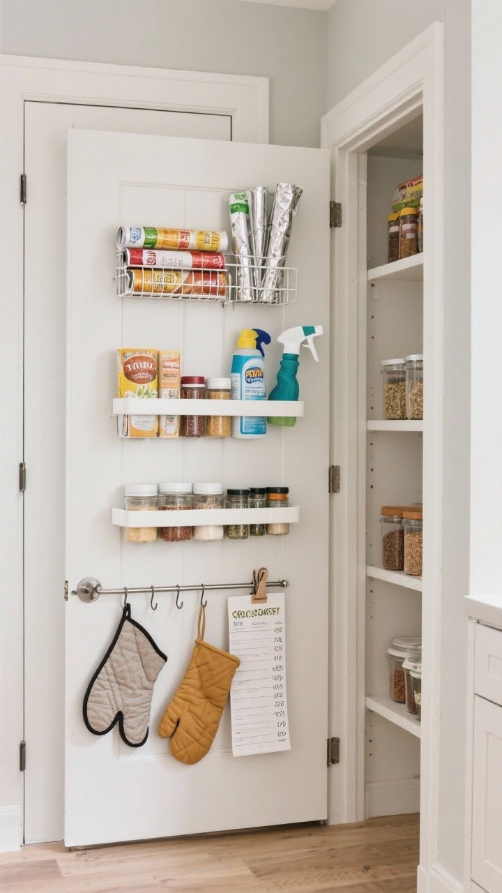 Photorealistic straight-on medium shot of the back of a pantry door utilized for storage: over-the-door racks holding wraps, foils, and cleaning supplies; shallow spice shelves mounted inside a nearby cabinet door to prevent spice avalanches; a slim clip rail with recipes, oven mitts, and a grocery list. Accurate depth so doors close, bright practical lighting, crisp organization.