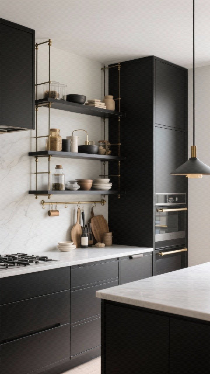 Photorealistic styled vignette wide shot summarizing chic cohesion: a kitchen scene mixing open shelves and closed cabinetry, with repeated materials across rails, racks, and hardware (all matte black or brushed brass), everyday attractive pieces visible while mismatched items are hidden, and intentional negative space leaving breathing room on shelves; soft, balanced lighting that feels calm and organized, no people, serene modern aesthetic.