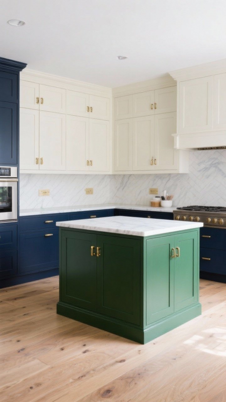 Photorealistic wide corner angle of a two-tone kitchen: deep navy lower cabinets, creamy white upper cabinets with consistent brushed brass hardware; a forest green island as an accent focal point with the same hardware for cohesion; subtle white quartz counters and a light oak floor; clean, editorial styling with balanced tones, soft daylight, no people