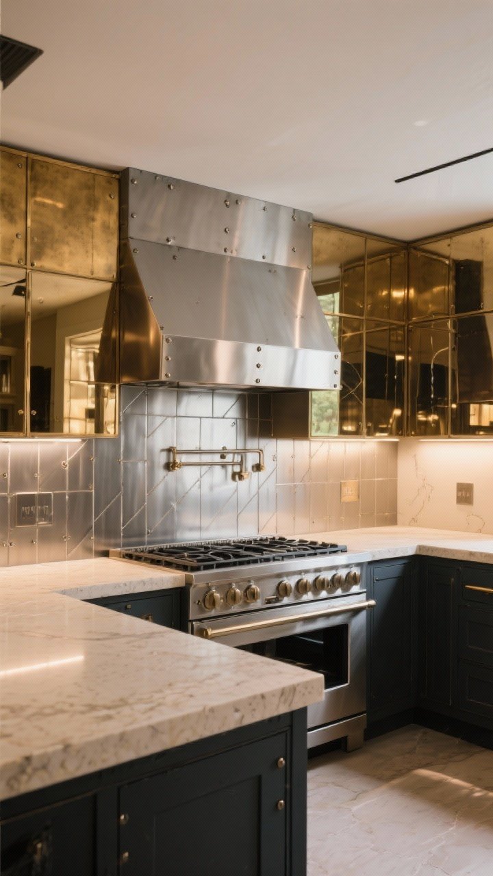 Photorealistic wide kitchen scene featuring mixed metals: brushed stainless steel backsplash panel behind the range, adjacent wall sections in warm brass or antiqued mirror panels that softly reflect the room; warm metals paired with creamy stone counters and dark paint accents; optional rivet details or grid seams for an industrial touch; balanced ambient daylight with under-cabinet task lighting; corner angle showing depth and reflections, no people, minimal decor.