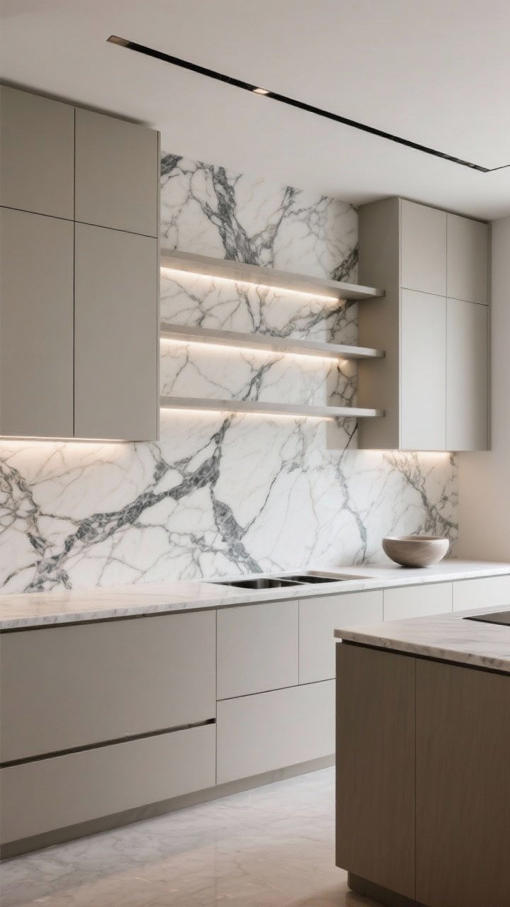 Photorealistic wide kitchen shot: a seamless full-slab marble backsplash with dramatic bold veining running from countertop to upper cabinets, continuing up behind open shelves; simple, modern flat-panel cabinets in a neutral tone; quartz or porcelain slab option emulating marble; minimal seams, no busy grout lines; clean integrated LED under-shelf lighting for a soft glow; cohesive, high-end look with uncluttered counters and a single sculptural bowl; straight-on perspective emphasizing the expansive, continuous stone surface.