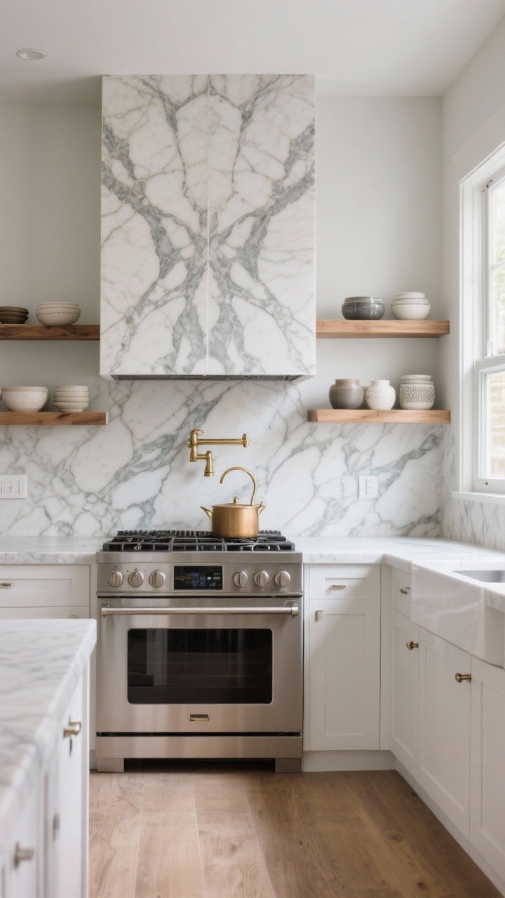 Photorealistic wide kitchen shot showing a full-height slab stone backsplash running from countertop to ceiling behind a modern range, bookmatched dramatic veined marble look (or realistic quartz dupe) matching the countertop, clean minimalist lines with no grout, slab continuing behind floating oak shelves with neatly styled ceramics, brass pot filler centered on the veining, soft natural daylight from a side window grazing the stone, matte white flat-panel cabinets and integrated pulls, chef’s-kitchen energy, seamless and luxurious