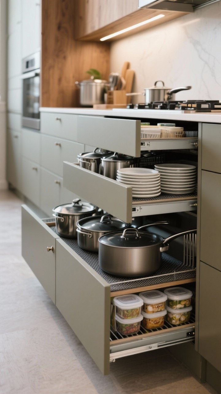 Photorealistic wide lower-cabinet drawer scene: deep, wide pull-out drawers fully extended, shot straight-on at counter height; organized pots and pans with a lid organizer keeping tops upright, plate stacks on non-slip liners, and food containers with lids stored separately; adjustable dividers and drawer pegs for plates; matte cabinet faces in a muted color and warm wood interiors; place heaviest items nearest the stove visible in frame; bright, functional kitchen lighting; no people