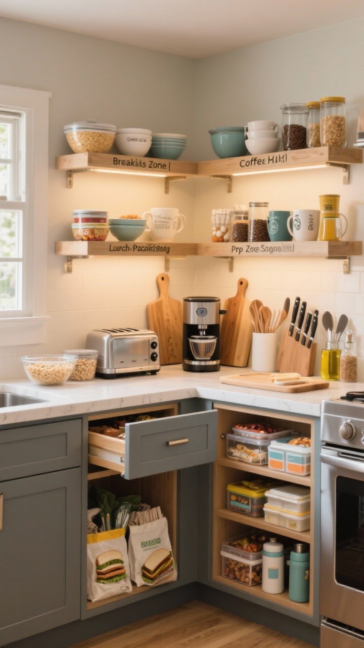 Photorealistic wide room shot of a zoned kitchen, corner angle: clearly defined areas labeled as Breakfast Zone (cereals, bowls, toaster, spreads, vitamins), Coffee HQ (mugs, beans, grinder, filters, syrups, spoons in one drawer and cabinet), Lunch-Packing Station (sandwich bags, wraps, bento boxes, thermoses, napkins, snacks), and a Prep Zone by the main counter (cutting boards, knives, mixing bowls, oils, spices). Subtle shelf labels, warm ambient light, modern family-friendly style, no people.