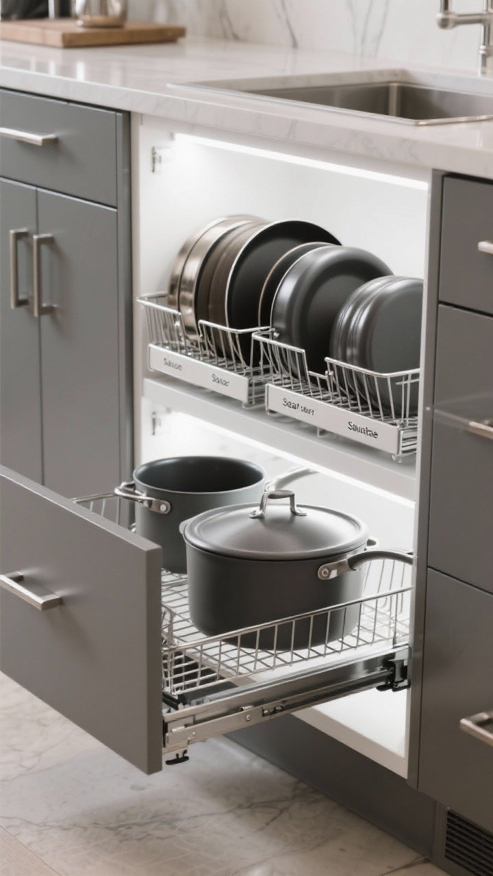 Photorealistic wide shot of a base cabinet with dual pull-out shelves fully extended; bottom roll-out holds heavy pots and stockpots, top pull-out organizes lids and fry pans with tall sides preventing tipping; metal basket-style trays on full-extension glides, grouped by function (sauce, sear, sauté) with subtle category labels; cool white task lighting under counter illuminates the cabinet interior, modern matte fronts and stainless hardware.