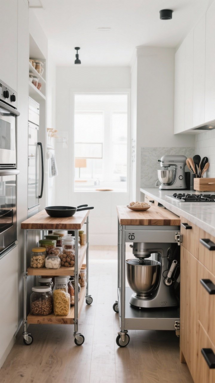 Photorealistic wide shot of a compact kitchen with a rolling cart workstation: a narrow metal cart tucked between appliances loaded with pantry staples and baking tools, a second butcher-block-topped cart providing extra prep surface with a spot for hot pans, and a third “appliance garage on wheels” holding a mixer, blender, and attachments ready to roll out; locking casters visible, finishes coordinated with matte black hardware and light wood tones; bright, clean daylight.