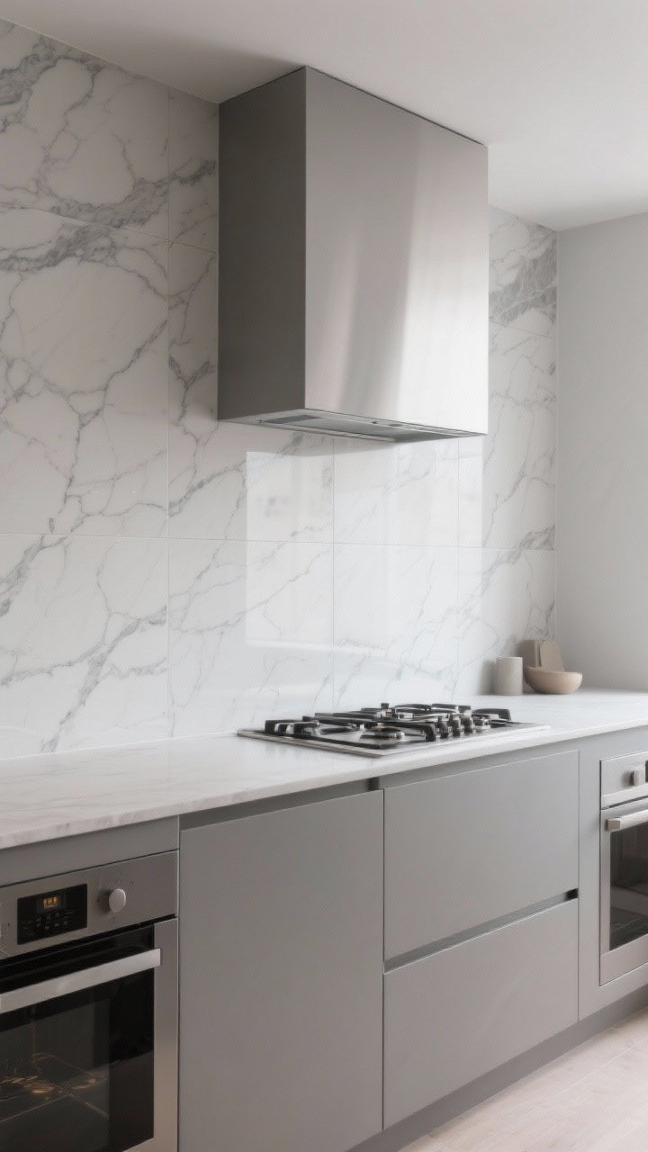 Photorealistic wide shot of a contemporary kitchen featuring a seamless slab-look backsplash made from a large-format porcelain panel with subtle gray marble veining; panel runs continuously up to the range hood with color-matched silicone at the counter seam, disappearing into the joint; flat-front cabinetry, integrated range, and minimal decor; soft even daylight highlighting the smooth, wipeable surface