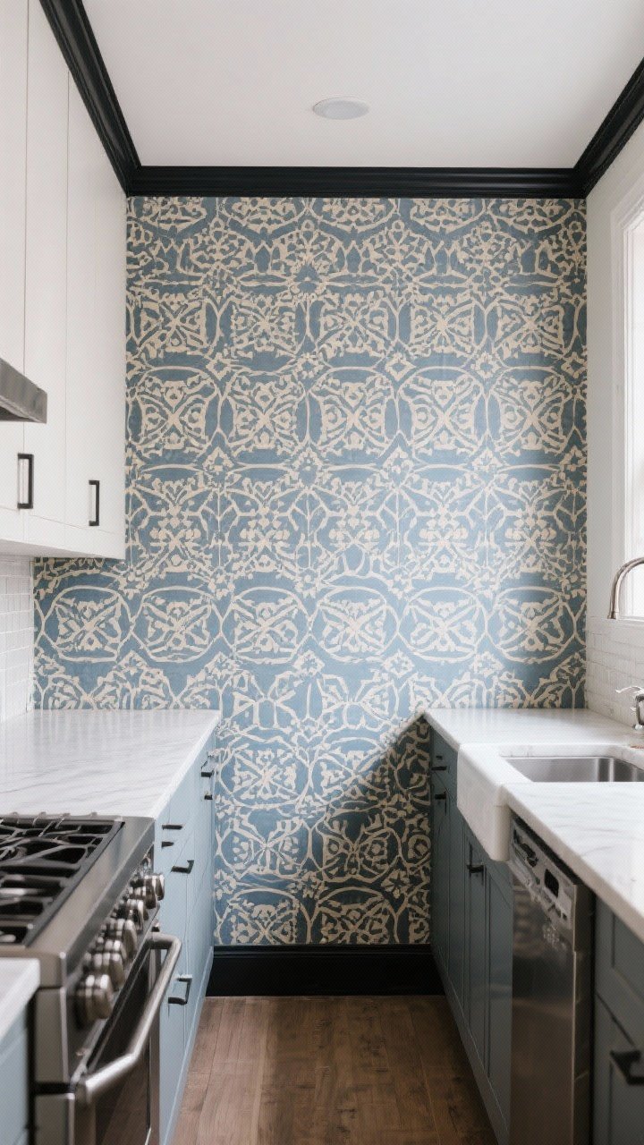 Photorealistic wide shot of a galley kitchen with one accent wall covered in patterned washable peel-and-stick wallpaper featuring a Moroccan geometric motif in muted ink blue and bone. Edges are framed with slim matte black metal trim for a finished look. Splash zones have a clear, matte water-based polyurethane topcoat with a subtle protective sheen. The rest of the kitchen remains quiet and minimal to keep the bold pattern intentional.