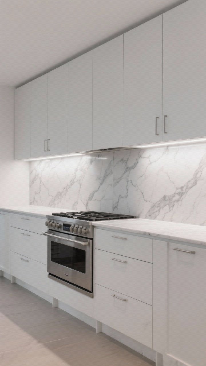 Photorealistic wide shot of a minimalist kitchen with white flat-panel cabinets and an uninterrupted marble-look slab backsplash; soft gray veining that complements cool-toned white quartz counters; dramatic under-cabinet lighting washing the slab to highlight veining; optional bookmatched veining centered behind the range; clean edge details, integrated pulls, and a calm upscale mood; neutral palette with stainless range; straight-on view across the full run of cabinetry; no people.