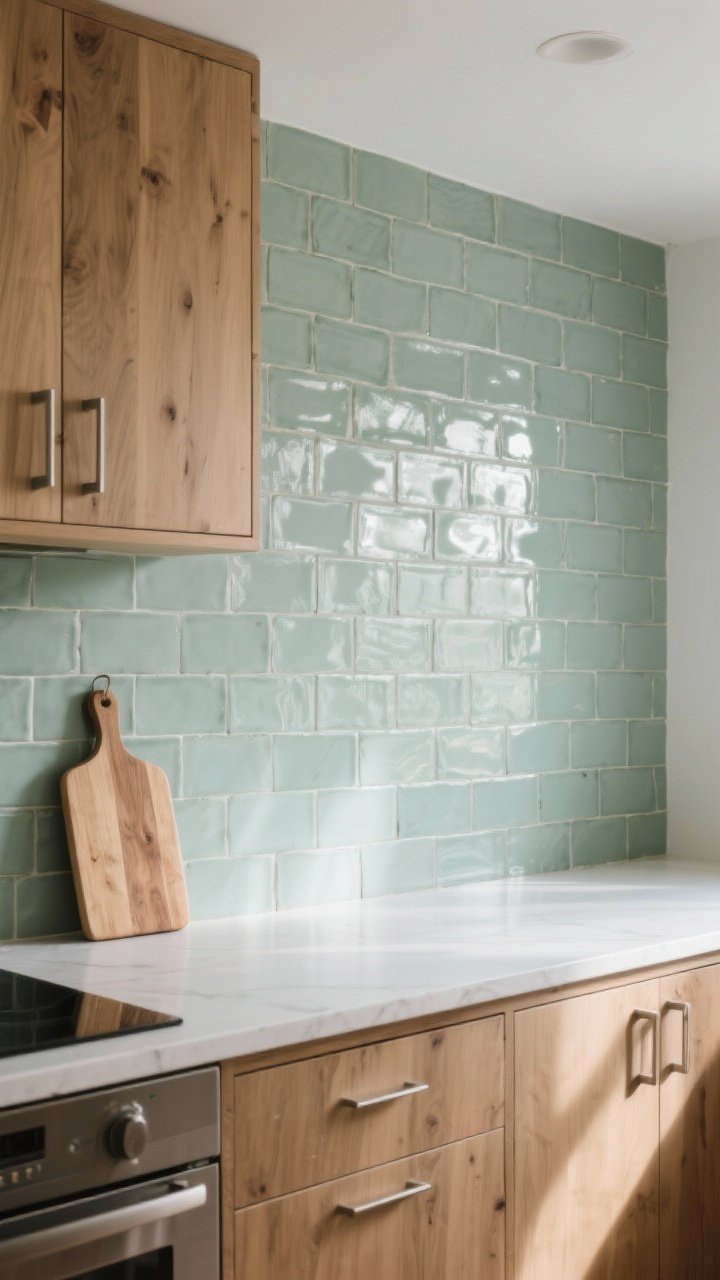 Photorealistic wide shot of a monochrome zellige tile backsplash in a single soft sage hue, slight handmade variation and glossy soft shine reflecting light in a watery way; tiles laid in a stack bond for modern lines, tone-matched grout to let texture shine; warm wood cabinetry and brushed metal hardware complementing the tile; gentle afternoon light creating subtle highlights; minimal styling with a single warm wood cutting board; straight-on composition capturing full backsplash expanse.