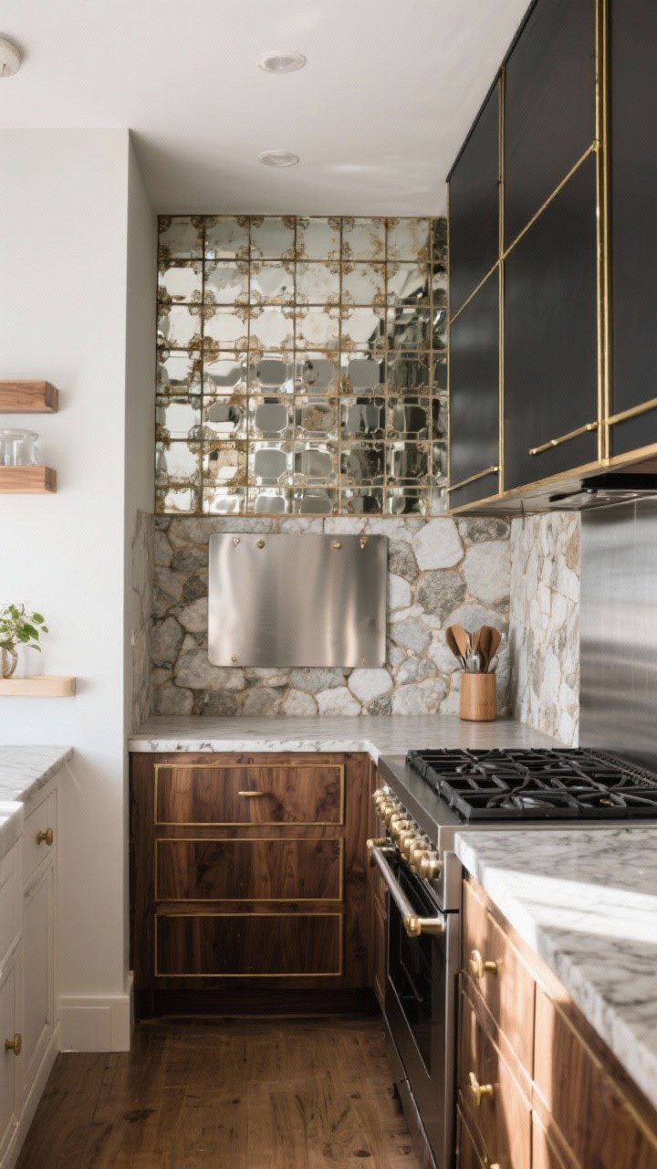Photorealistic wide shot of a small kitchen brightened with antiqued mirror tile backsplash on the main wall and a magnetic stainless steel sheet near the range; the reflective surfaces bounce light and visually expand the space; slim black/brass trim neatly edges the panels; stone countertops and wood accents add warmth; ambient daylight enhances shimmer without harsh reflections