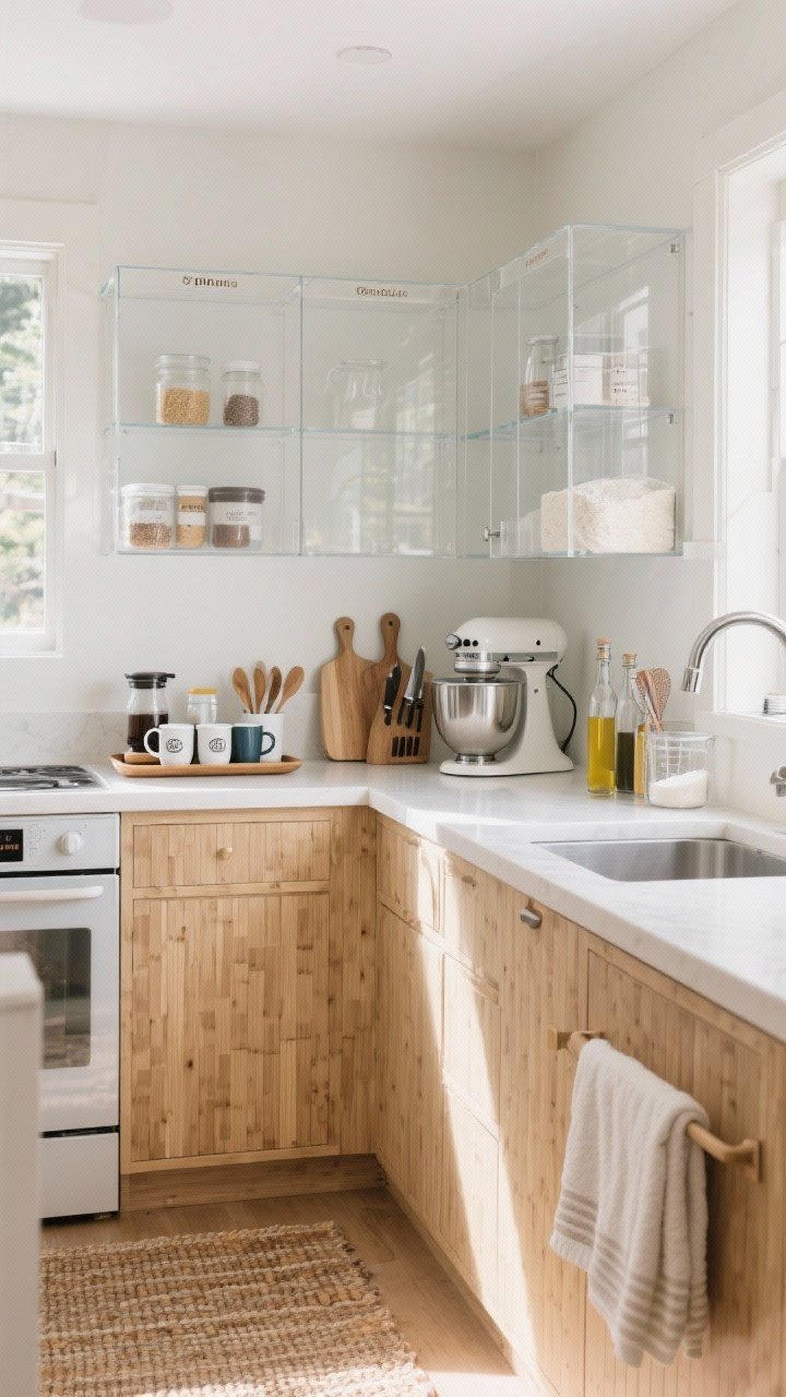 Photorealistic wide shot of a small kitchen organized by zones: clear counters at roughly 30% occupancy; a coffee/tea station on one tray with mugs, pods, sugar, spoons; a prep zone near the main counter with cutting boards, knives, oils, salt; a bake zone near a mixer with flour, sugar, measuring tools; shelves subtly labeled inside cabinet doors; cohesive materials (clear acrylic and bamboo), repeated colors from rug and towels, bright welcoming daylight