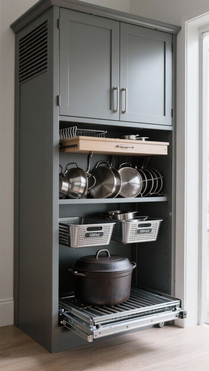 Photorealistic wide shot of a tall cabinet repurposed as an appliance-style garage for cookware; heavy-duty roll-out metal bins on 100 lb+ glides—bottom tier for cast iron Dutch oven and stockpot, mid-level for saucepans; a shallow top drawer features a dedicated lid rack; ventilated perforated metal bins for airflow and labeled bin fronts for shared-kitchen clarity; cool, even interior lighting showcases order and capacity.