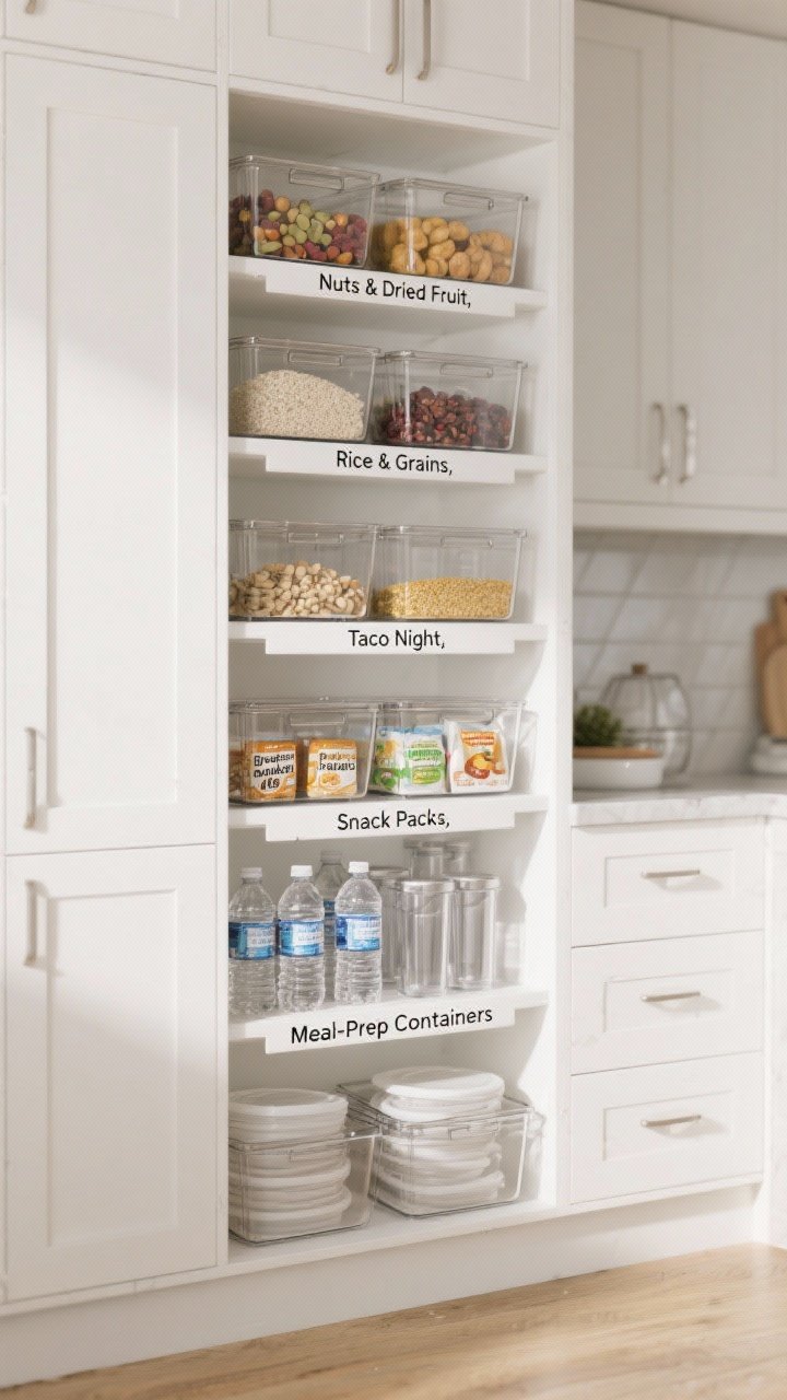 Photorealistic wide shot of a tall pantry-style cabinet with multiple shelves outfitted with clear bins acting like drawers. Front-facing bold white labels read “Nuts & Dried Fruit,” “Rice & Grains,” “Taco Night,” “Breakfast Packets,” “Snack Packs,” and separate bins for “Meal-Prep Containers” and “Lids.” Water bottles and tumblers divided by size in their own bin. No stackable bins beyond easy reach. Bright, even natural light, crisp, transparent look.