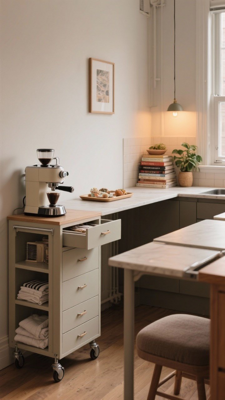 Photorealistic wide shot of a tight apartment kitchen corner featuring multipurpose furniture: a narrow rolling cart with shelves and drawers, styled with an espresso machine shrine and a pretty tray; a compact drop-leaf island extended for prep with one leaf down; a storage bench/stool tucked nearby holding linens; cohesive decor with a small plant and stack of cookbooks, warm ambient lighting, cozy yet functional vibe