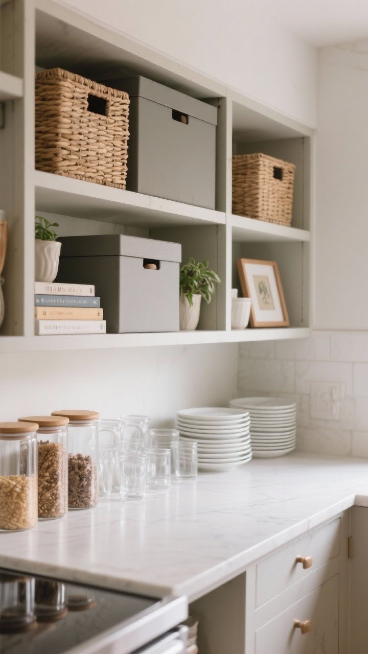 Photorealistic wide shot of styled open kitchen shelves with hidden storage: closed woven baskets and matte lidded boxes concealing small items, glass and ceramic canisters for tea, coffee, and baking staples (some stackable), everyday white plates and clear glasses front and center, and one curated moment per shelf—a small plant, a tidy cookbook stack, or a framed mini art piece; limited palette of glass, wood, and matte ceramic, gentle ambient lighting for a curated yet functional look.
