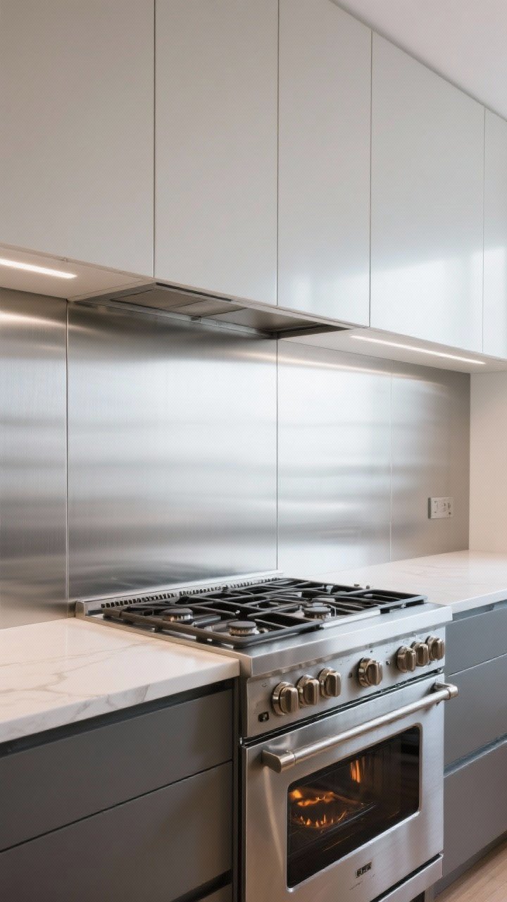 Photorealistic wide, straight-on view of a contemporary kitchen with a single continuous brushed aluminum sheet backsplash, seamless from counter to upper cabinets. Precise measurements evident: no joints, clean construction adhesive application invisible, and sleek matching edge trims. Stainless range and brushed nickel hardware coordinate with the metallic finish. Bright, even task lighting emphasizes the slick, grout-free surface; heat-safe panel behind the stove.
