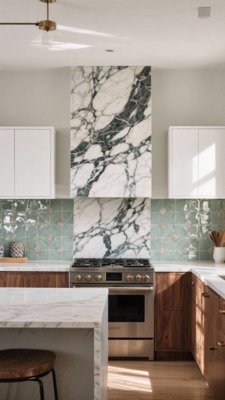 Photorealistic wide straight-on view of a modern kitchen showcasing a bold backsplash as the star: a full-height bookmatched marble slab running all the way to the ceiling behind the range, veining dramatic and high-contrast, paired with simple white uppers and walnut lowers; include a secondary wall with glossy handmade zellige tiles in a soft sage for texture, under warm natural daylight; emphasize the backsplash as art, extremely clean lines, no people
