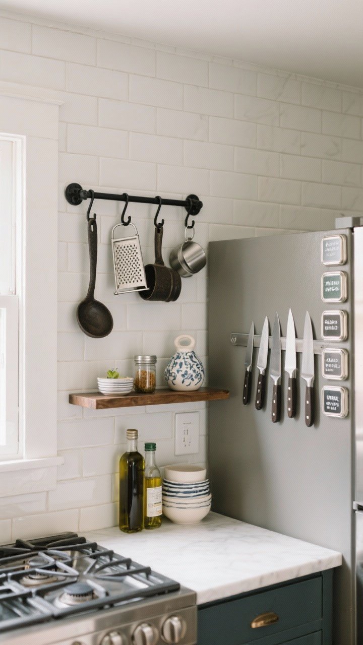 Photorealistic wide wall-focused shot of a light subway-tile backsplash featuring a matte black utility rail with hooks holding ladles, graters, and measuring cups, a small matching shelf with a few oils, a stainless magnetic knife strip mounted at least 16 inches from the stove with knives neatly aligned, and the side of a stainless fridge covered with labeled magnetic spice tins; balanced composition, no people, bright but diffused daylight, cautionary vibe with heavier cast iron on sturdy hooks and ceramics placed on a stable shelf.