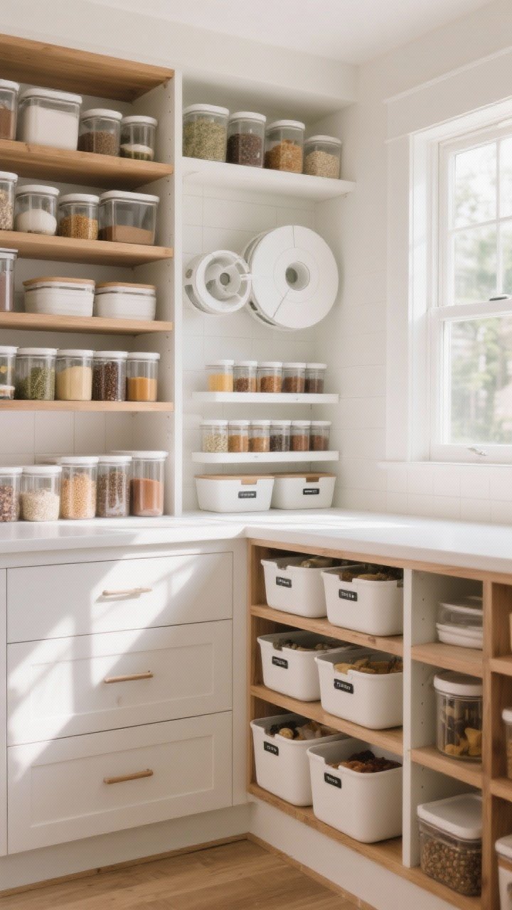 Serene, medium-wide view of a finished pantry illustrating small tweaks, major calm: clear categories and visible storage throughout—decanted containers, labeled bins, a couple of lazy Susans, and a tiered spice section; cohesive container style creates visual harmony; soft, natural daylight floods in, casting gentle shadows that highlight the tidy systems; neutral whites and warm wood tones convey a peaceful, easy-to-maintain space; no people, just an inviting, photorealistic, quietly satisfying scene.