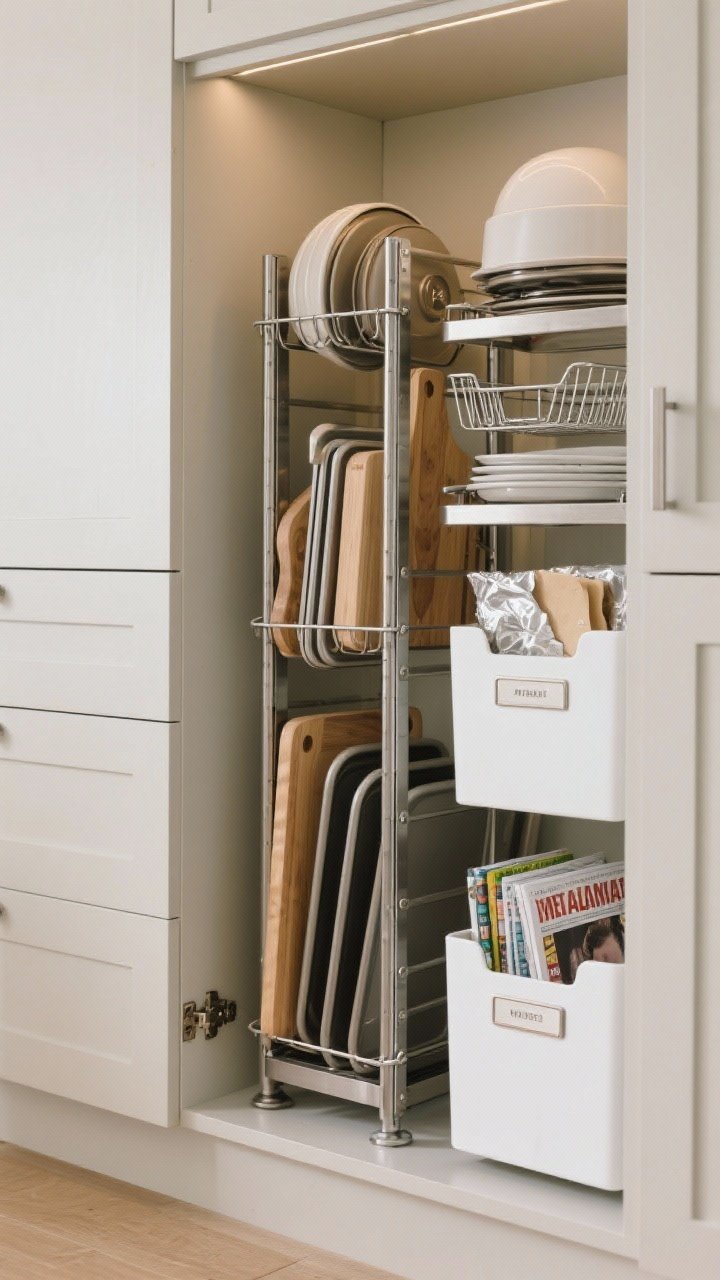 Straight-on cabinet base interior showing vertical dividers for baking sheets: tension dividers holding sheet pans upright, a rack organizer corralling cutting boards, lids, and cooling racks, and white magazine holders storing foil, parchment, and plastic wrap. Neutral painted interior, brushed metal dividers, labeled magazine files, soft ambient lighting, everything accessible without stacking.