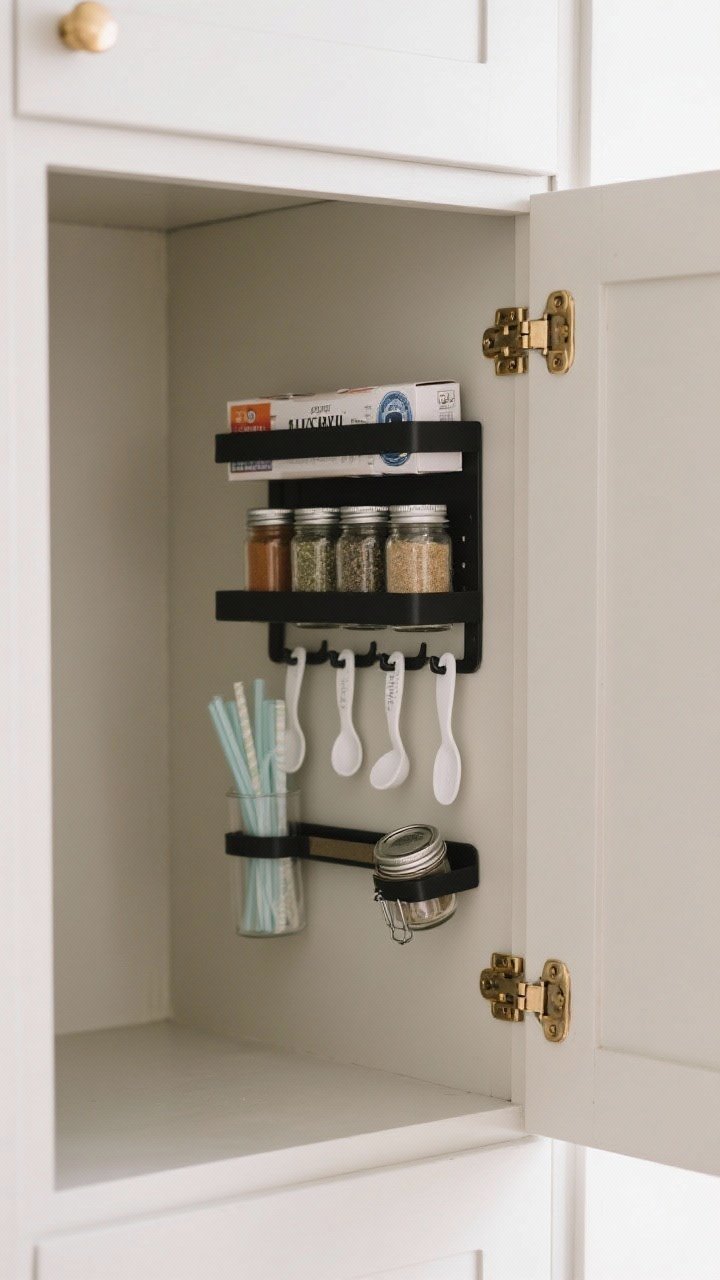 Straight-on detail of the inside of a cabinet door used as storage: shallow matte black rack holding spice jars and a foil/plastic wrap box, a few white Command hooks with measuring spoons and a silicone straw set, and a slim magnetic strip gripping metal jar lids; check-clearance scene with door nearly closed, soft neutral cabinet paint, cohesive polished brass hinges and pulls, even daylight