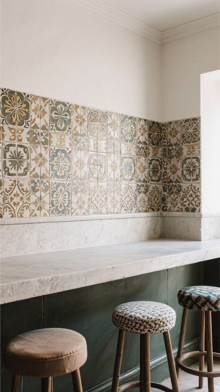 Straight-on detail: Patterned cement tiles with an Old-World motif forming a half-height backsplash finished with a simple border; slightly chalky matte surface shows artisan texture, colors pulled into nearby barstools and textiles, sealed with a penetrating sealer; surrounding finishes kept simple so the bold pattern can breathe.