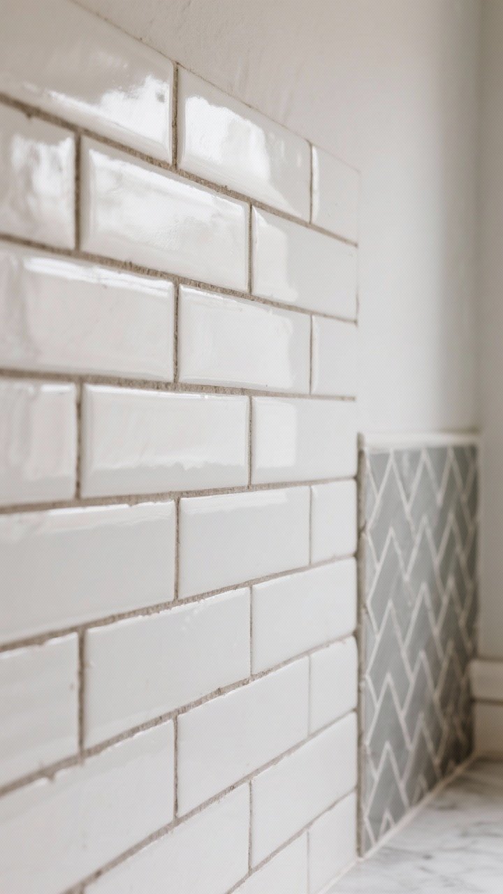 Straight-on detailed closeup of subway tile with a twist: vertical-stacked matte white tiles with slightly handmade edges, paired with warm gray grout that hides stains. Include a small section of herringbone soldier-course accent at the end of the run. Soft, even lighting to highlight texture and grout contrast. Modern yet timeless aesthetic with crisp lines and subtle surface variation.