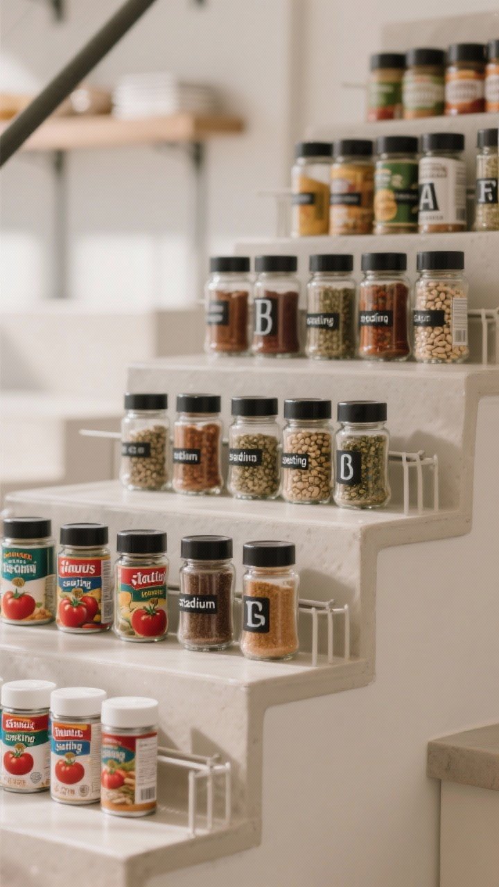 Straight-on, detailed closeup of tiered organizers: expandable stair-step racks displaying alphabetized spice jars in the foreground and grouped canned goods—soups, tomatoes, beans—on a second tier; clear glass spice jars with black or white caps, uniform labels; cans arranged by type with visible fronts; soft overhead light creates gentle shadows on each step, enhancing the “stadium seating” effect; crisp, organized mood.
