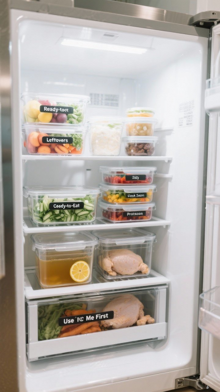 Straight-on interior fridge shot emphasizing a “meal prepped” system: clear labeled bins for “Ready-to-Eat” (washed fruit, chopped veggies) and “Cook Soon”; shelves labeled Leftovers, Dairy, Sauces, Proteins; stackable glass containers show colorful prepped ingredients; a small “Use Me First” bin with half lemons, open broth, and cooked chicken; bright fridge lighting, crisp condensation details, pristine white interior, photoreal clarity.