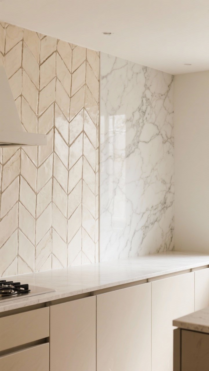 Straight-on medium shot: A beige kitchen wall showcasing a showstopping backsplash—cream zellige tiles laid in a stacked pattern with slightly darker grout to outline geometry; alternative area with large-format porcelain slab with marble veining for clean sweep; minimal beige counters and cabinetry to let the backsplash steal the scene, crisp daylight.
