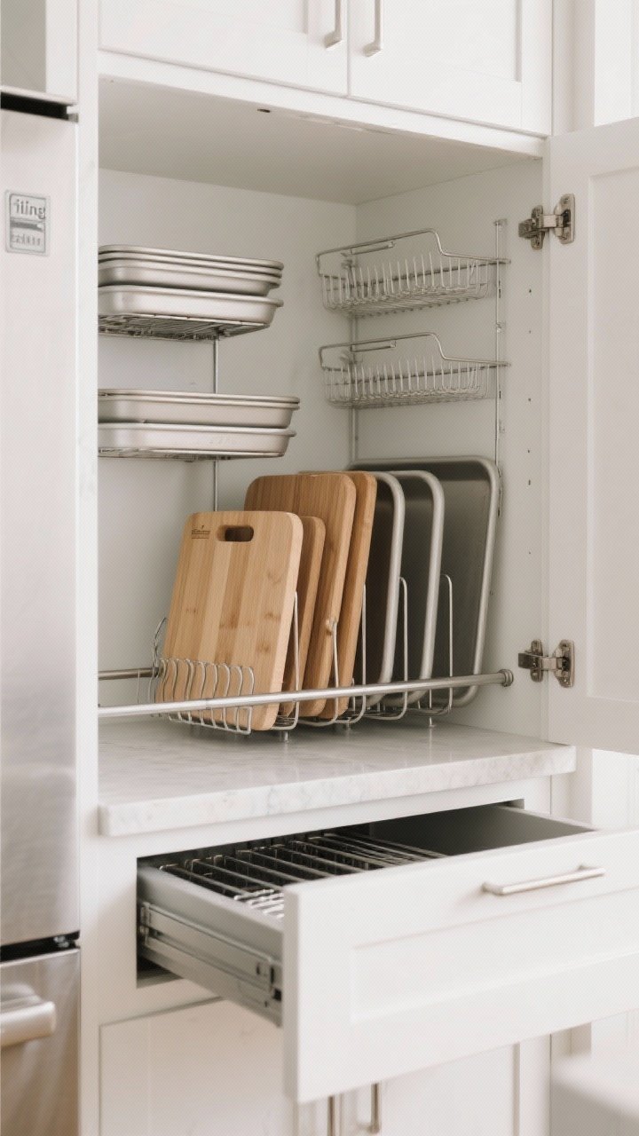 Straight-on medium shot: Cabinet interior with vertical bakeware organizers “filing” cutting boards, half-sheet and quarter-sheet pans, and cooling racks upright, slotted by size. One grab-and-go cutting board positioned at the front in the prep zone. Include a lower-cabinet tension rod used as a quick divider; adjacent deep drawer option with metal dividers visible. Clean white interiors, stainless accents, soft neutral lighting, photorealistic.