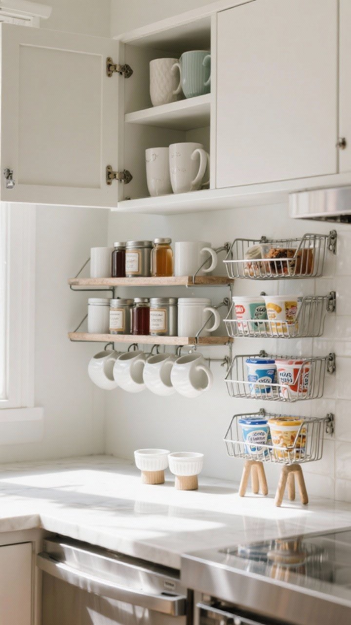 Straight-on medium shot, coffee zone: Stacked baking cooling racks forming mini shelves—mugs lined up below, syrups and tea tins on the top level; in a short cabinet nearby, a second level created for cups; in the fridge, a rack separating yogurts and snack cups; a couple of ramekins used as legs for added height; bright natural light, stainless and ceramic textures, compact and cute MacGyvered shelving.